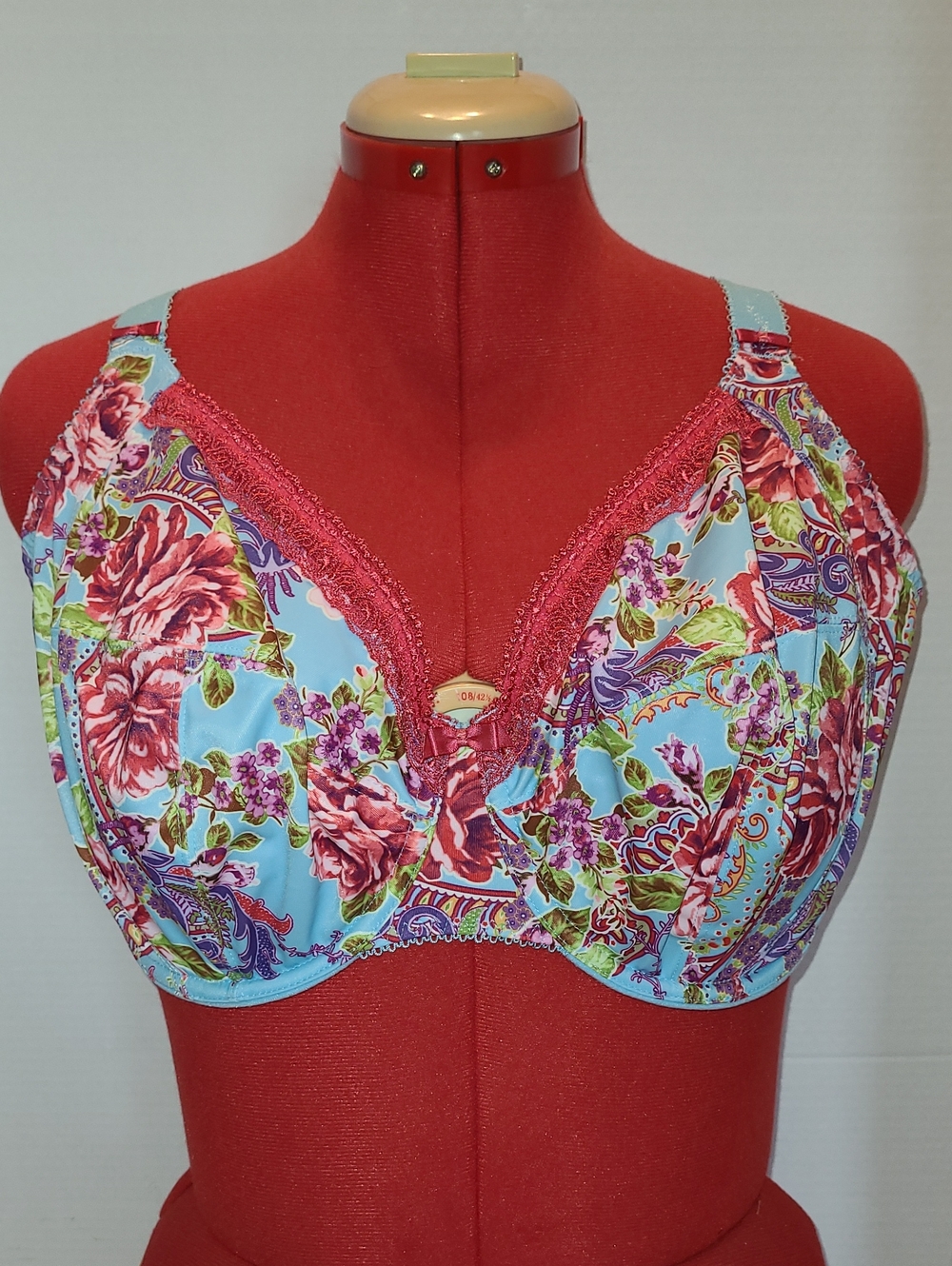 ELOMI Floral Lace-Trim Full Coverage Bra - Blue & Rose 40FF GUC